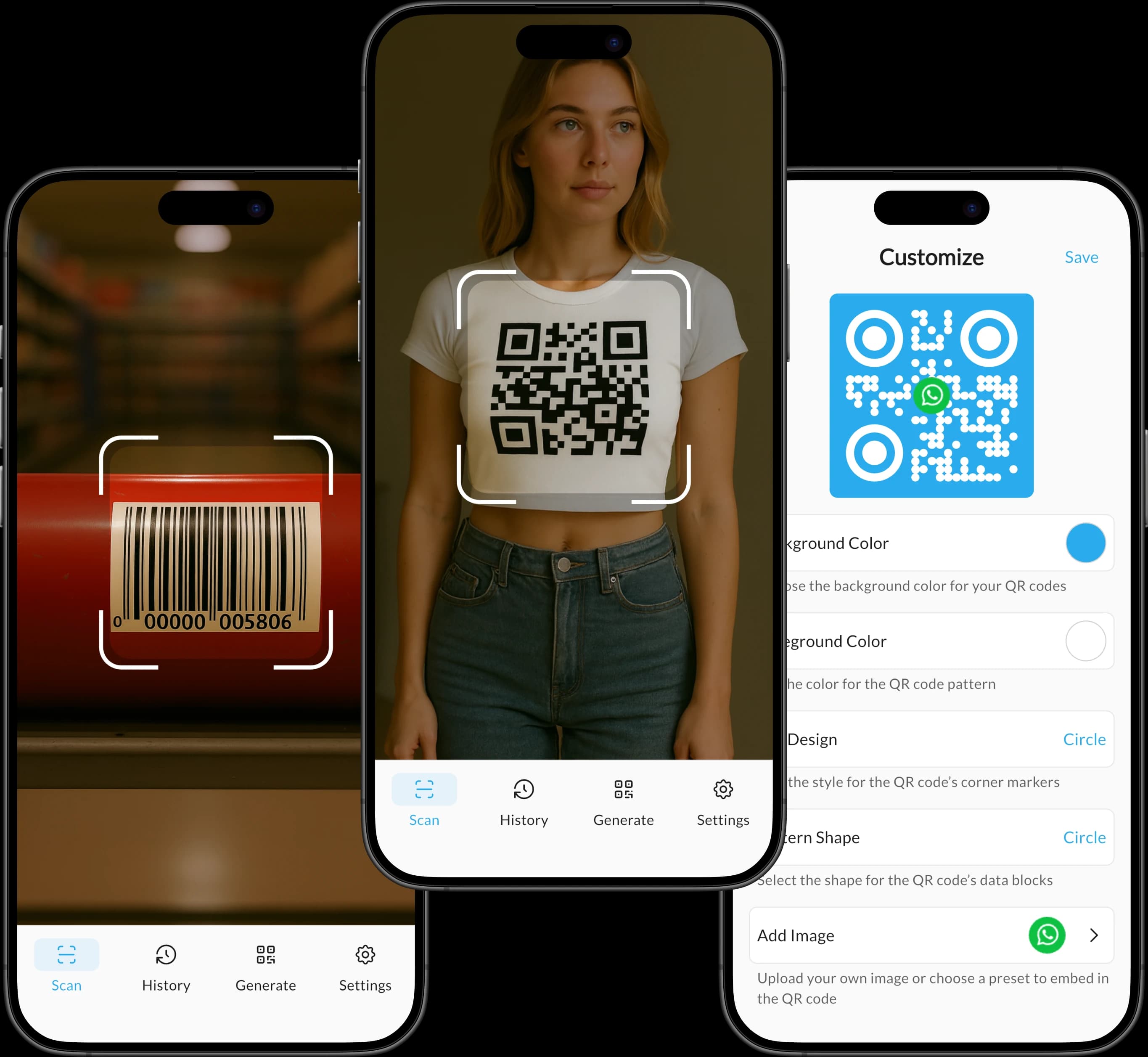 QRBot app showing an instant QR code scan result with a custom branded QR code on an iPhone